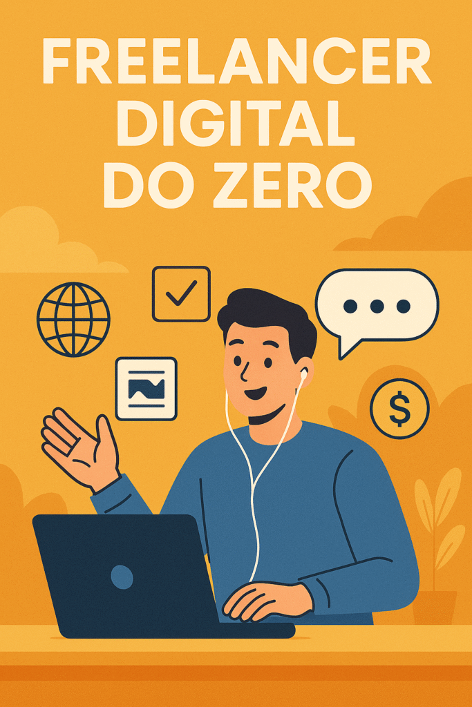 Ilustração de um jovem trabalhando em um notebook com fones de ouvido, representando o conceito de 'freelancer digital do zero', com ícones de internet, dinheiro e produtividade ao fundo.