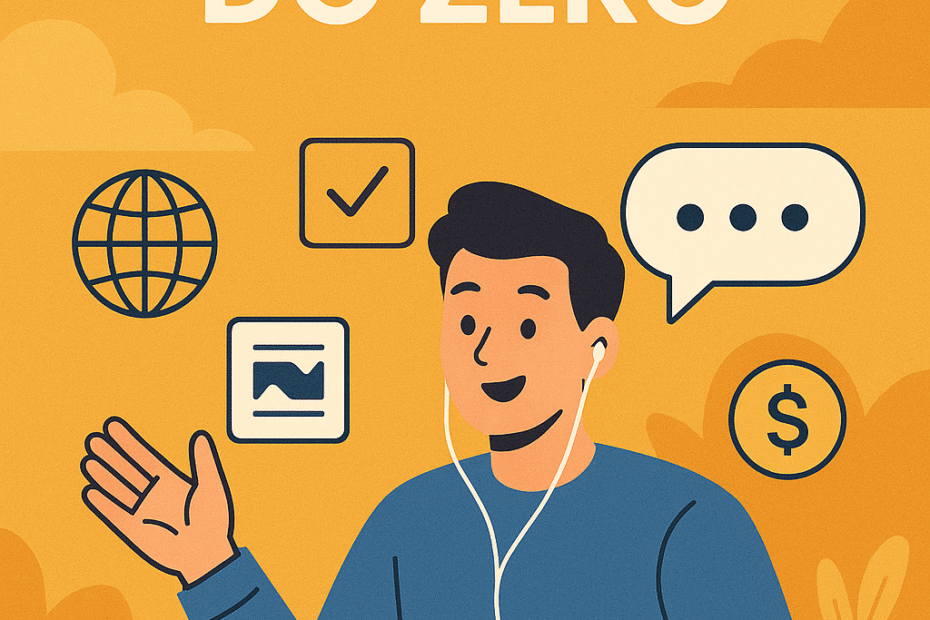 Ilustração de um jovem trabalhando em um notebook com fones de ouvido, representando o conceito de 'freelancer digital do zero', com ícones de internet, dinheiro e produtividade ao fundo.