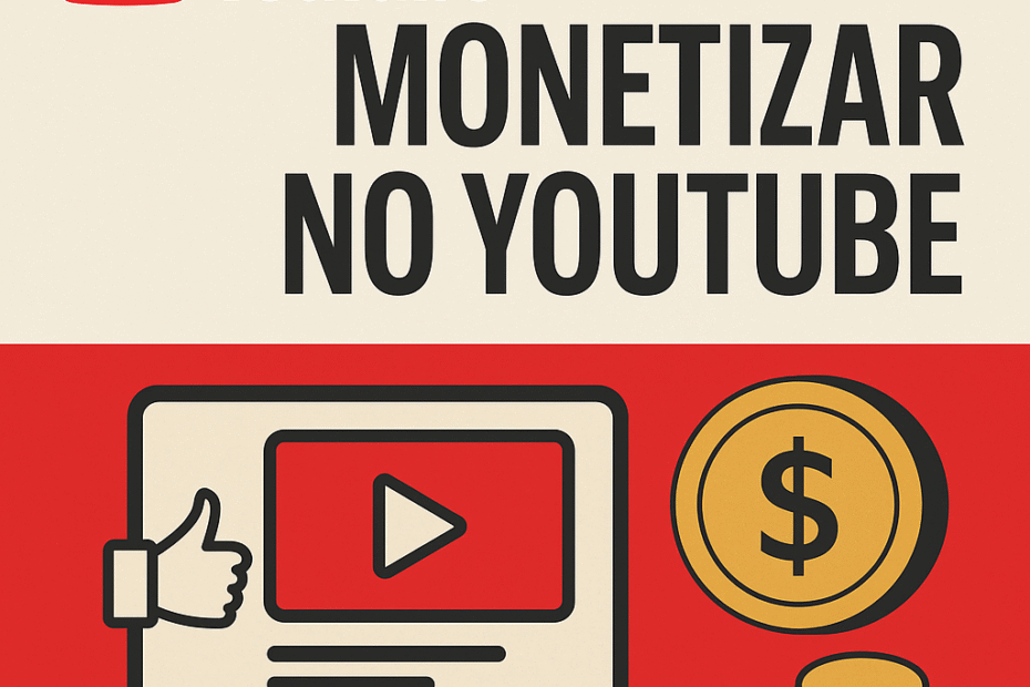 Ilustração sobre como Monetizar no YouTube, com símbolos de vídeo, curtidas e dinheiro, representando as principais formas de ganhar renda com vídeos.