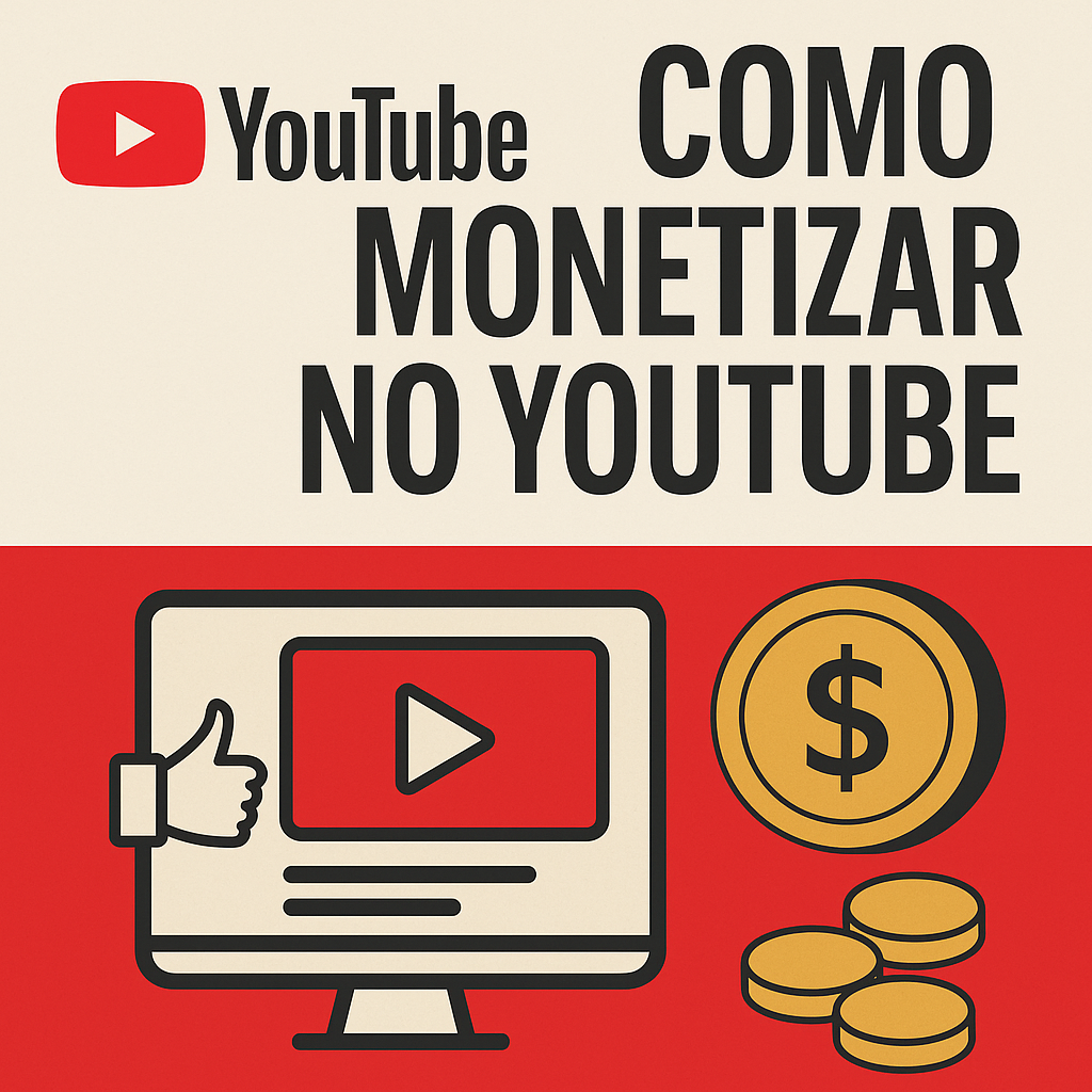 Ilustração sobre como Monetizar no YouTube, com símbolos de vídeo, curtidas e dinheiro, representando as principais formas de ganhar renda com vídeos.