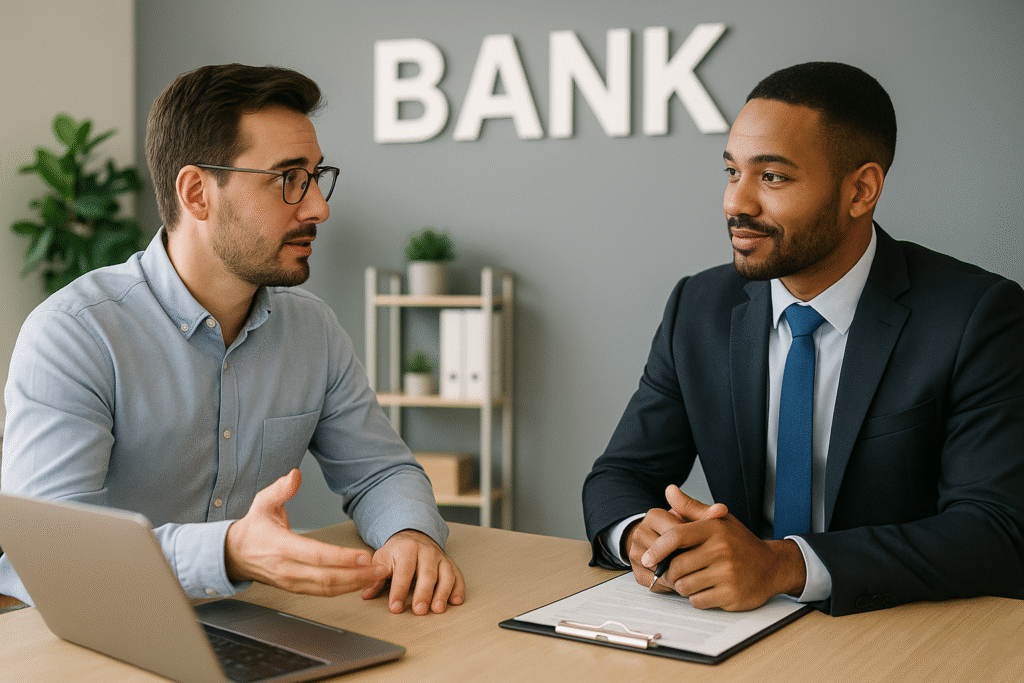 Duas pessoas negociando dívida com banco