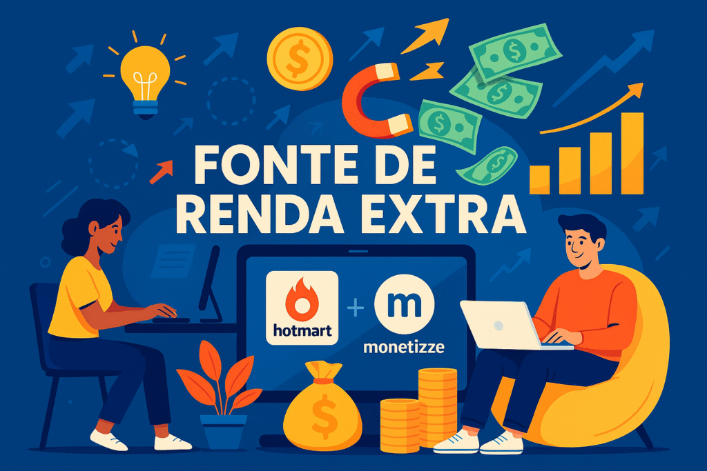 Ilustração flat com duas pessoas em laptops, símbolos de dinheiro e gráficos de crescimento ao redor do título “Fonte de Renda Extra”. Na tela central, logos da Hotmart e Monetizze reforçam o marketing de afiliados, enquanto sacos de dinheiro e moedas representam ganhos online em casa.