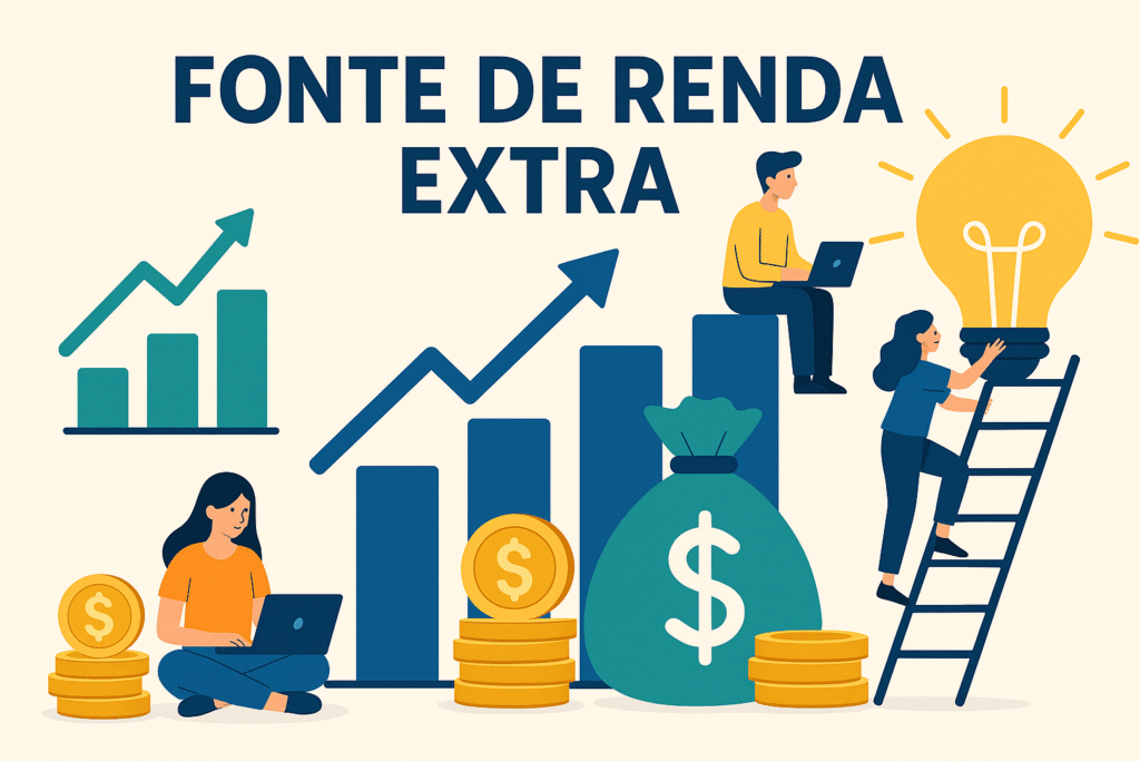 Ilustração flat de pessoas usando laptops e uma lâmpada‑ideia, cercadas por gráficos e pilhas de moedas, simbolizando geração de renda extra e crescimento financeiro