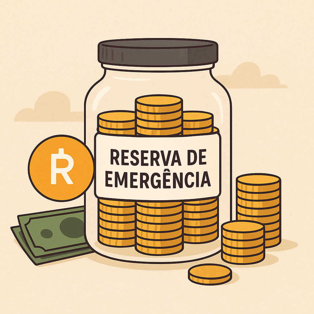 Ilustração 2D de um pote de vidro rotulado ‘Reserva de Emergência’, cheio de moedas douradas, com símbolo de real e notas ao lado, representando poupança para imprevistos um símbolo para um planejamento financeiro para iniciantes.