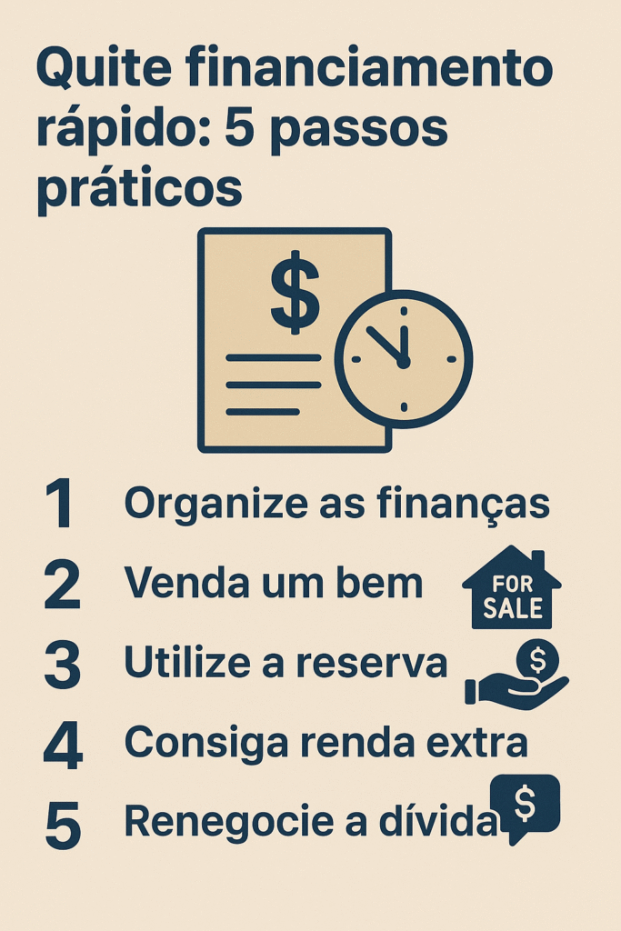 Imagens com frases de como quitar um financiamento rápido com 5 passos.