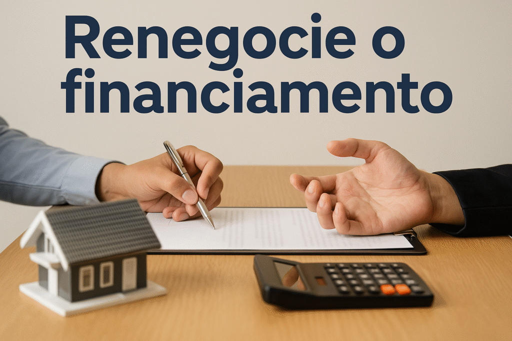 Duas pessoas sentadas à mesa negociam um contrato de financiamento imobiliário; à frente delas há um modelo em miniatura de casa, uma calculadora preta e uma prancheta com documento, enquanto o título ‘Renegocie o financiamento’ aparece em letras azuis no topo da cena.