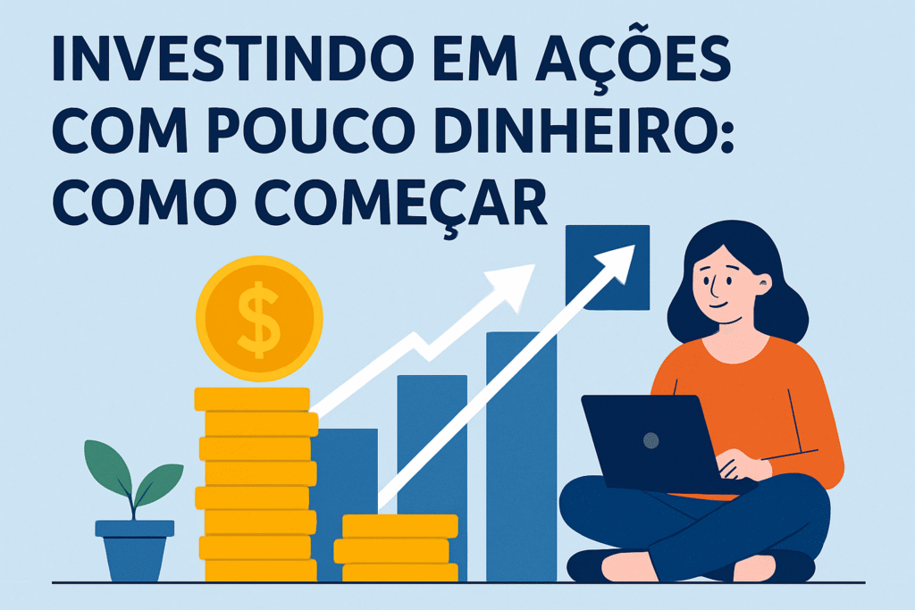 Pessoa jovem sentada com um notebook no colo, investindo em ações com pouco dinheiro e ao lado, pairam no ar gráficos de barras e flechas ascendentes em tons de verde e azul, simbolizando o crescimento de ações mesmo com pequenos aportes.