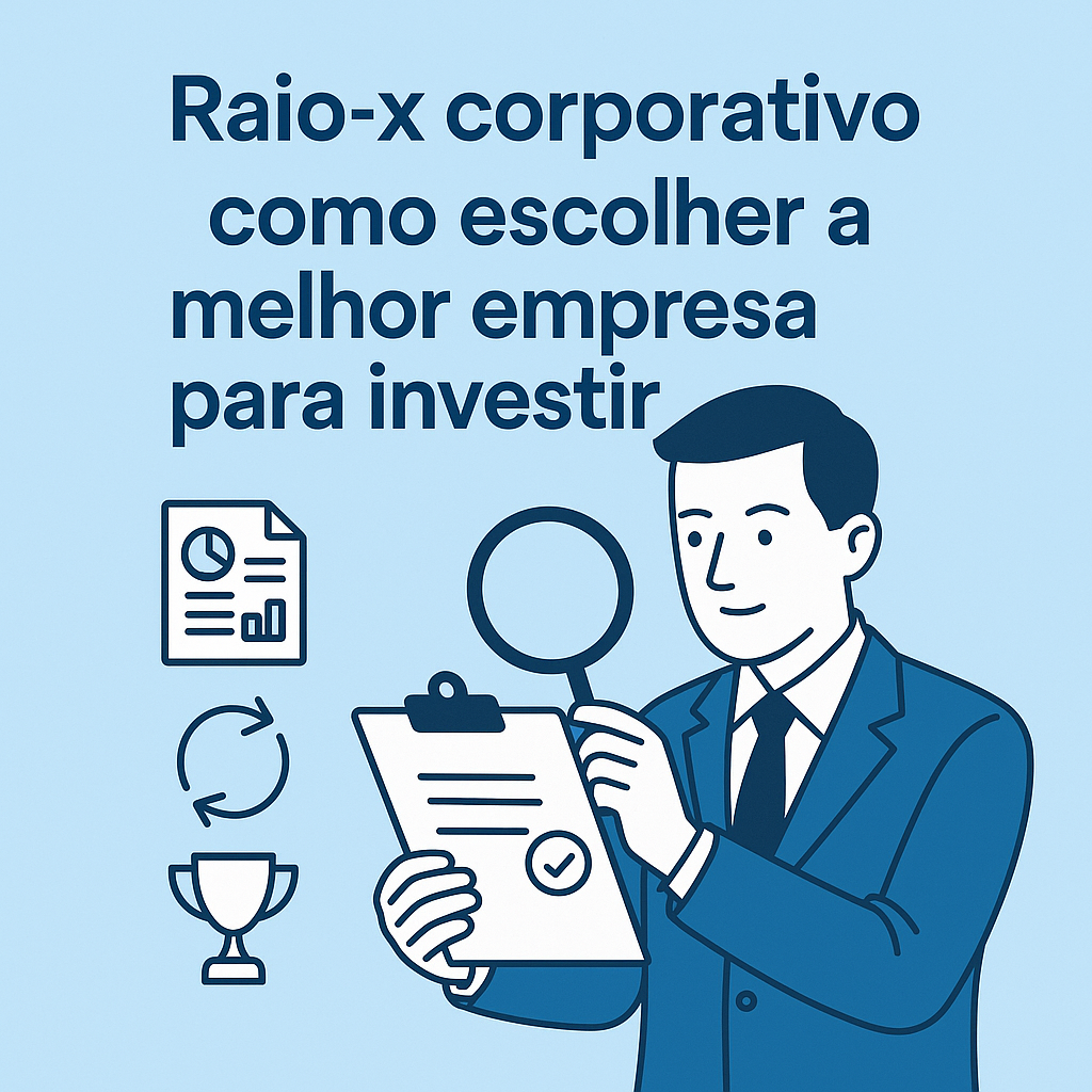 Ilustração de um homem de terno analisando uma prancheta com lupa, ao lado do título 'Raio-x corporativo: como escolher a melhor empresa para investir', com ícones de gráficos, troféu e setas representando análise e avaliação de empresas.