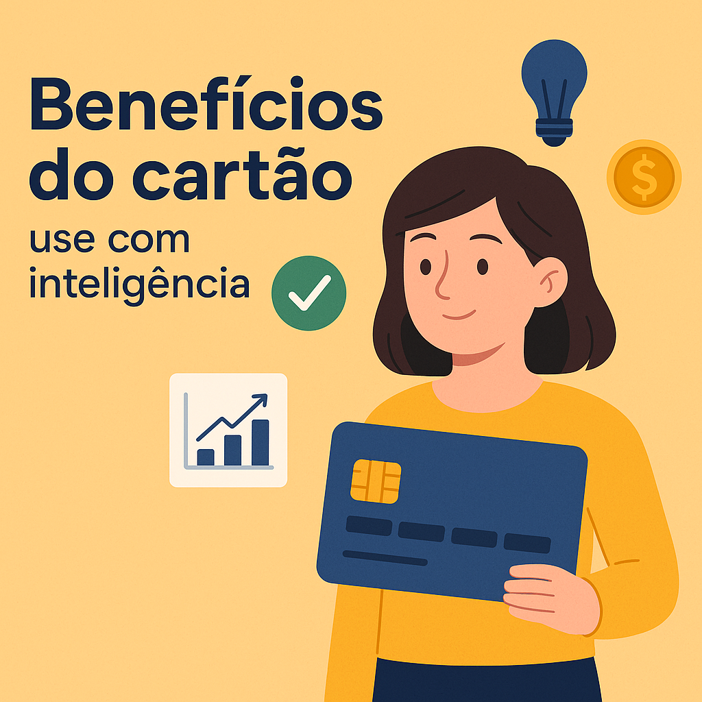 Ilustração de mulher segurando cartão de crédito com ícones de vantagens, representando os benefícios do cartão usados com inteligência