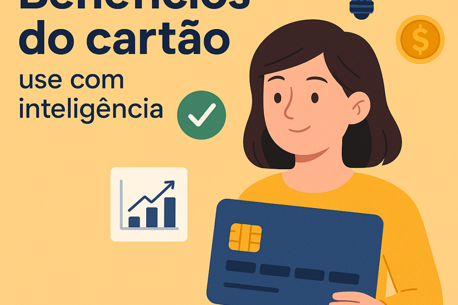 Ilustração de mulher segurando cartão de crédito com ícones de vantagens, representando os benefícios do cartão usados com inteligência
