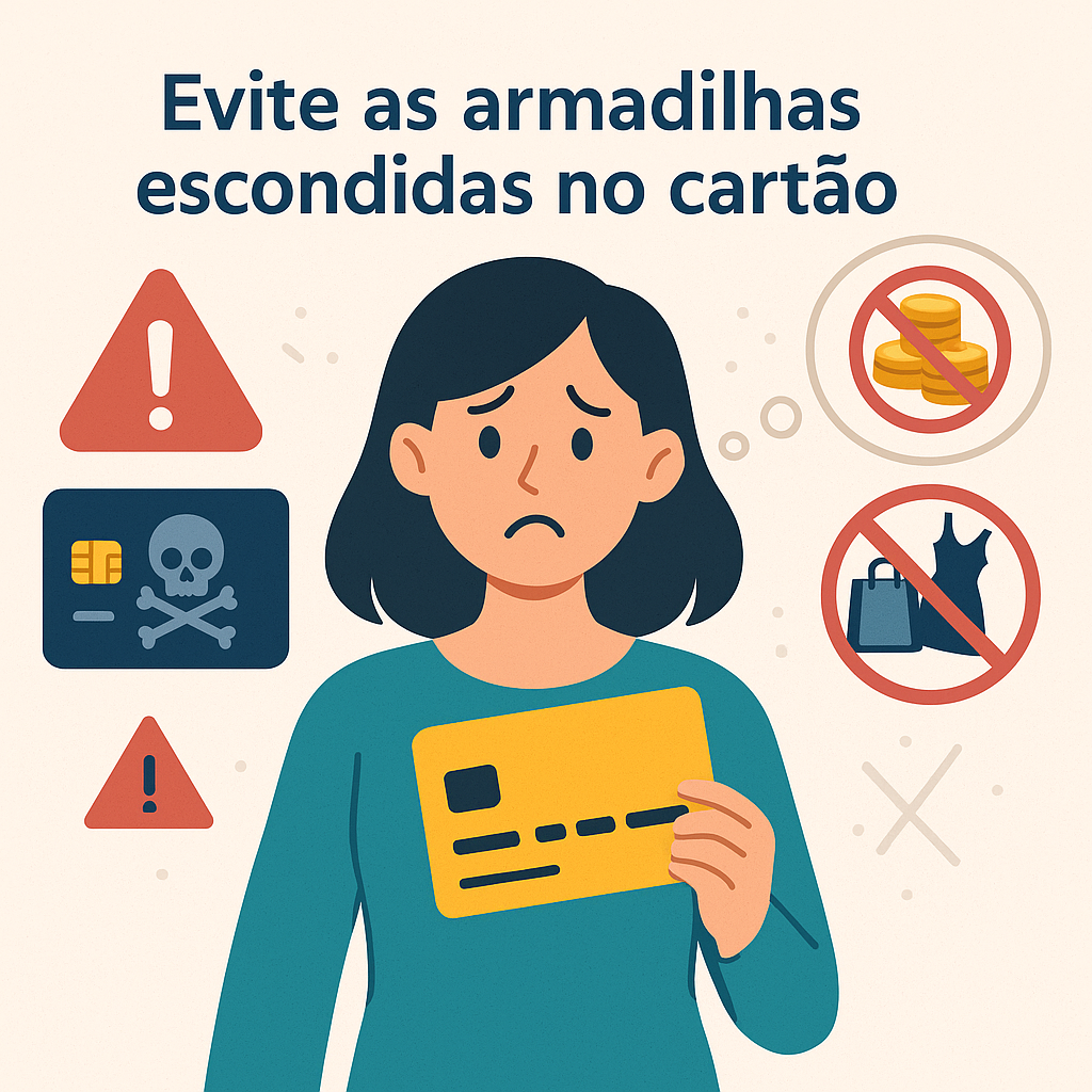 Ilustração de mulher preocupada segurando cartão de crédito com símbolos de alerta e restrição, representando os perigos e armadilhas escondidas no uso do cartão.