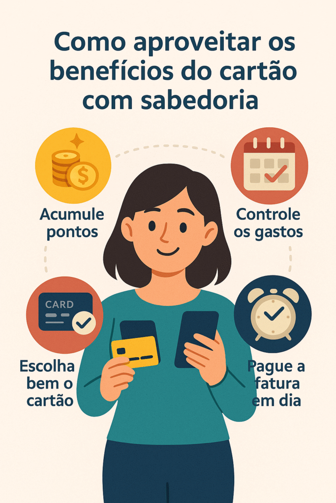 Infográfico ilustrado com mulher segurando cartão de crédito e celular, mostrando como aproveitar os benefícios do cartão com sabedoria por meio de ações como acumular pontos, controlar os gastos, escolher bem o cartão e pagar a fatura em dia