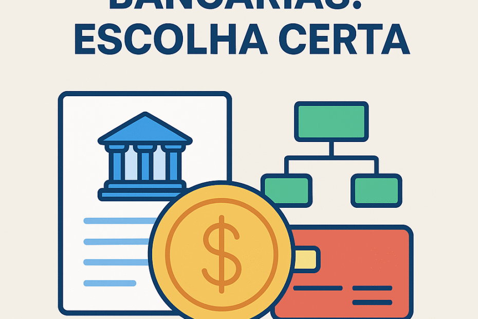 Imagem ilustrativa com o título ‘Tipos de Contas Bancárias: Escolha Certa’, acompanhada de ícones representando documentos bancários, fluxogramas financeiros, moeda dourada com cifrão e cartão de banco, simbolizando as opções de contas disponíveis.