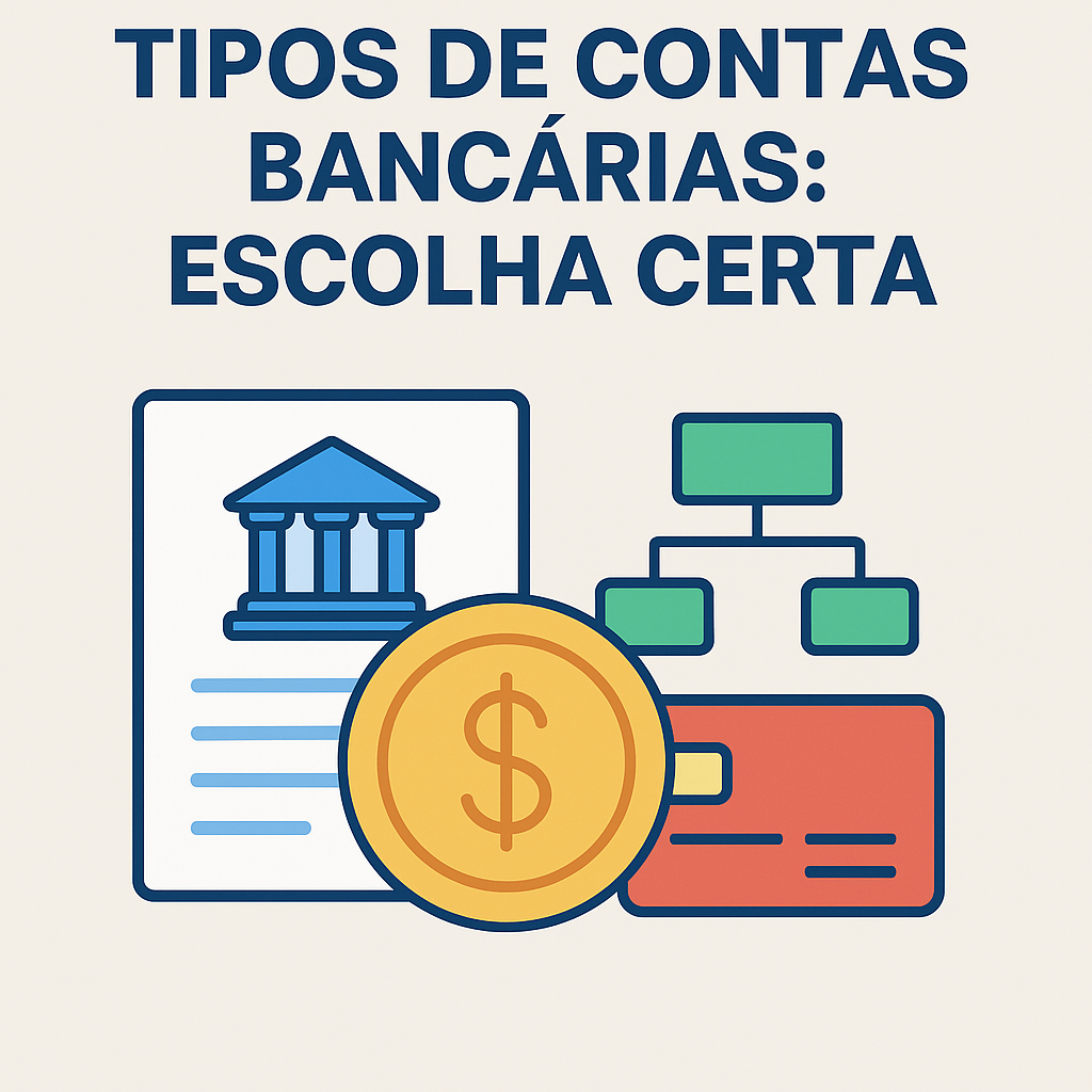 Imagem ilustrativa com o título ‘Tipos de Contas Bancárias: Escolha Certa’, acompanhada de ícones representando documentos bancários, fluxogramas financeiros, moeda dourada com cifrão e cartão de banco, simbolizando as opções de contas disponíveis.