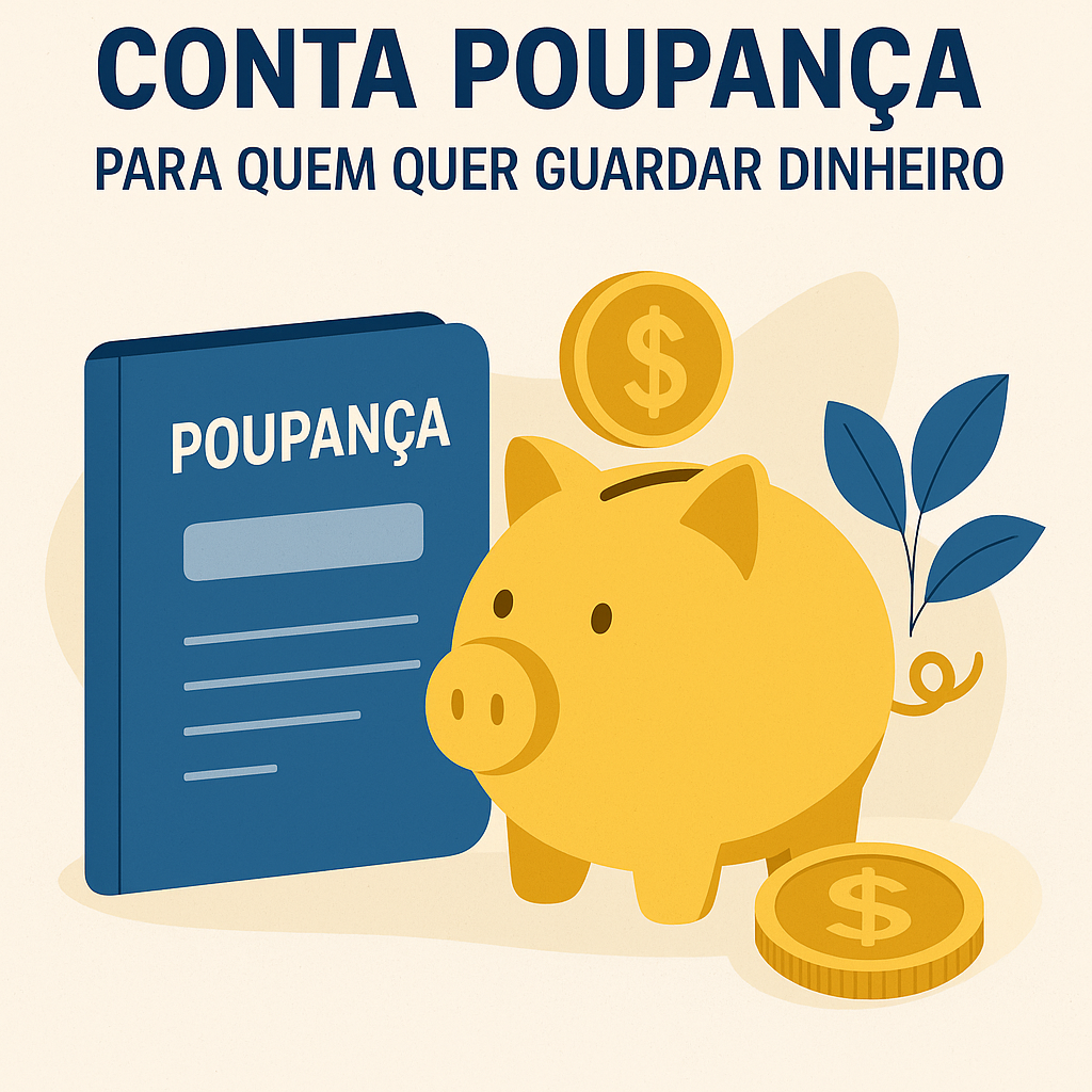 Imagem com o título ‘Conta Poupança: para quem quer guardar dinheiro’, mostrando um cofrinho dourado em formato de porquinho, moedas douradas, um caderninho azul escrito ‘Poupança’ e uma planta, representando o hábito de economizar de forma segura e acessível.