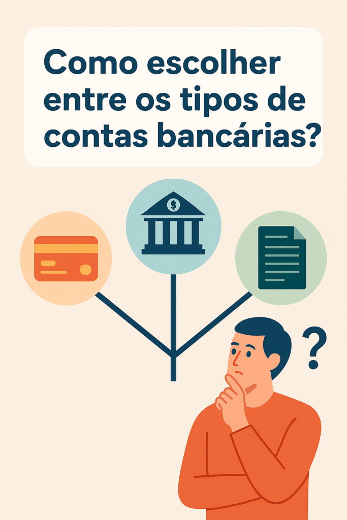 Ilustração de um homem pensativo olhando para três opções de contas bancárias representadas por ícones: um cartão, um banco e um documento, com a pergunta ‘Como escolher entre os tipos de contas bancárias?’ em destaque.
