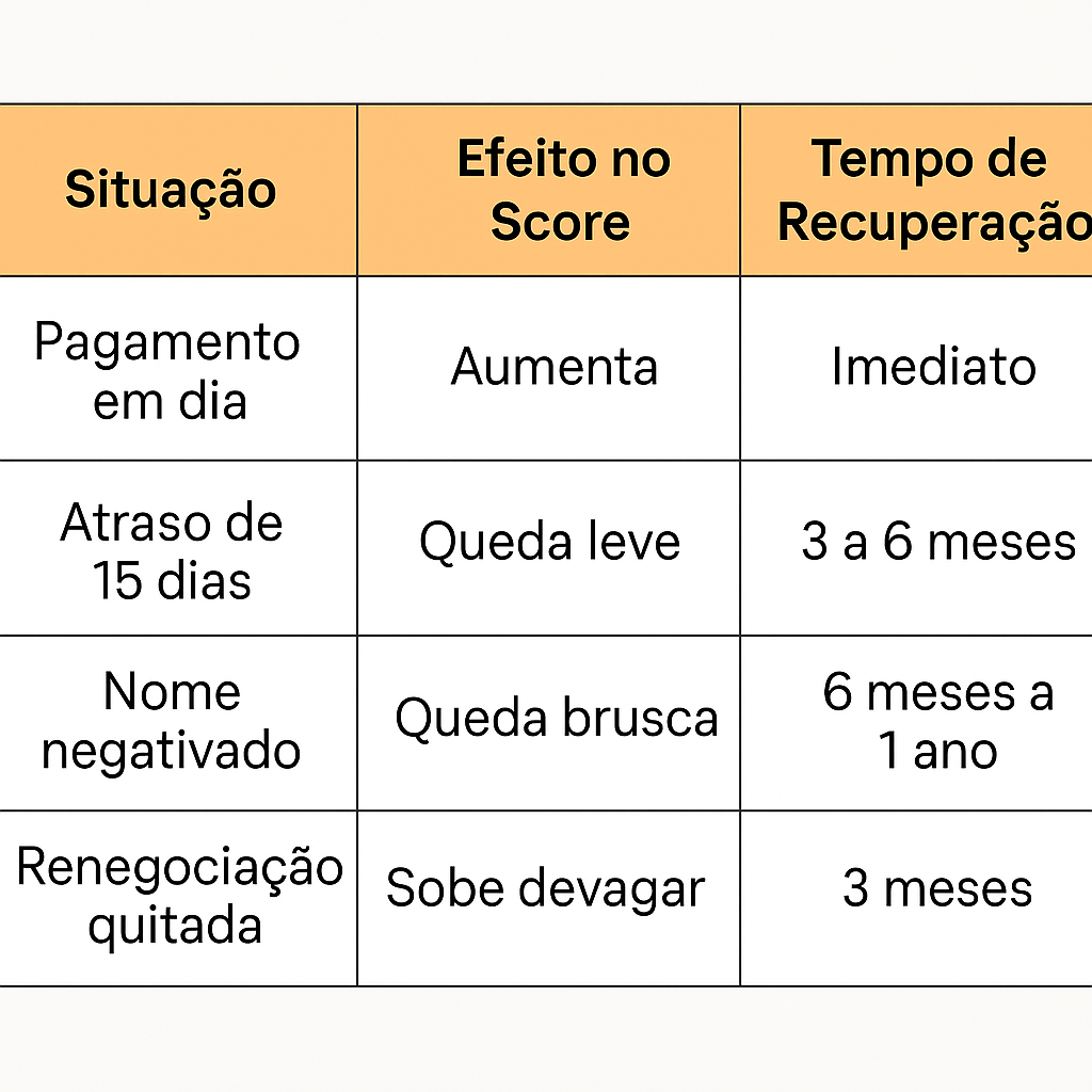 Tabela ilustrativa mostrando o impacto das dívidas no crédito: pagamento em dia aumenta o score imediatamente, atrasos e nome negativado reduzem a pontuação e exigem meses para recuperação.