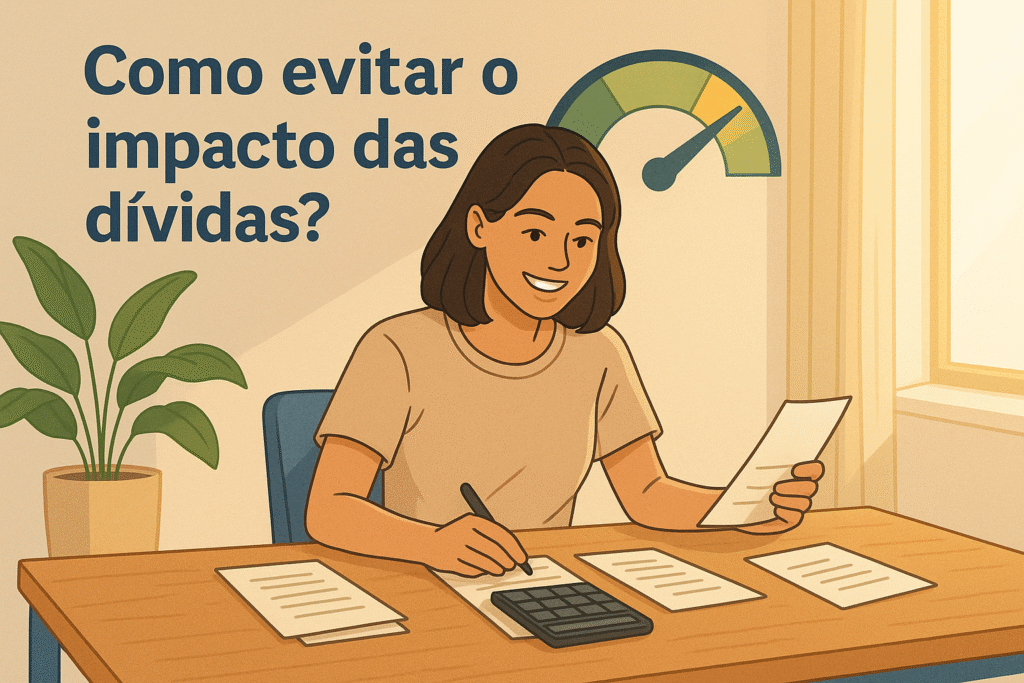 Mulher sorridente organizando suas finanças à luz do dia, com papéis e calculadora sobre a mesa, simbolizando como evitar o impacto das dívidas com planejamento e atitude positiva.