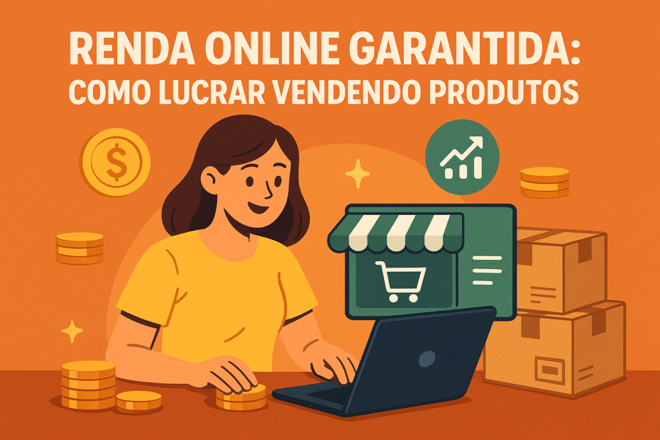 Mulher sorridente usando notebook para vender produtos online, com moedas, caixas e ícones de loja virtual ao redor, representando renda online garantida pela internet.