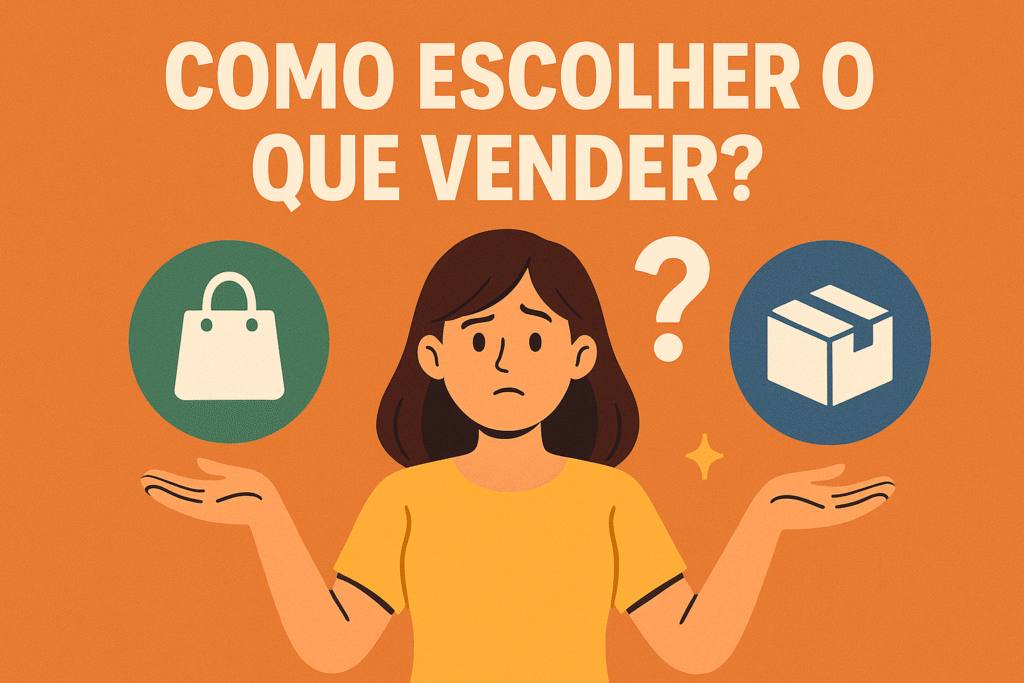 Mulher com expressão de dúvida entre uma sacola de compras e uma caixa, representando a escolha ideal de produtos para alcançar renda online garantida, com a frase 'Como escolher o que vender?' no topo.
