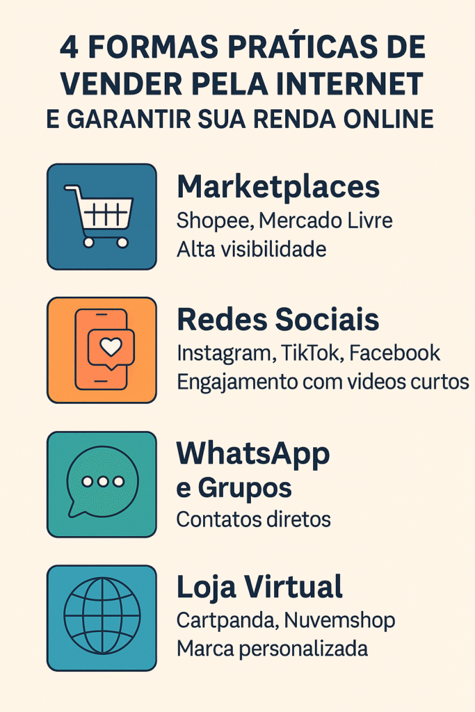 Infográfico com 4 formas práticas de garantir renda online garantida: vendas em marketplaces, redes sociais, WhatsApp e loja virtual, com ícones ilustrativos e benefícios explicativos.