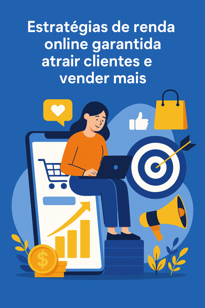 Ilustração colorida sobre estratégias de makerting digital, com mulher usando notebook, ícones de gráfico, alvo, moedas e elementos que representam vendas e atração de clientes.