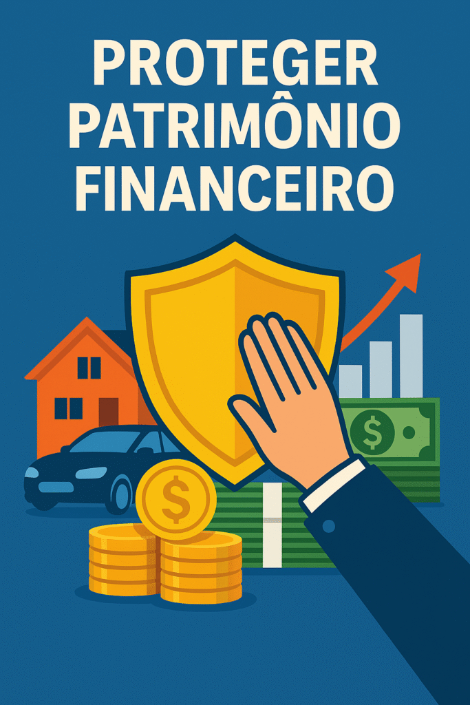 Imagem ilustrativa em estilo flat design sobre como proteger patrimônio financeiro, mostrando um escudo dourado sendo tocado por uma mão, simbolizando proteção. Ao fundo, aparecem uma casa, carro, moedas, notas de dinheiro e um gráfico de crescimento, representando bens financeiros protegidos.