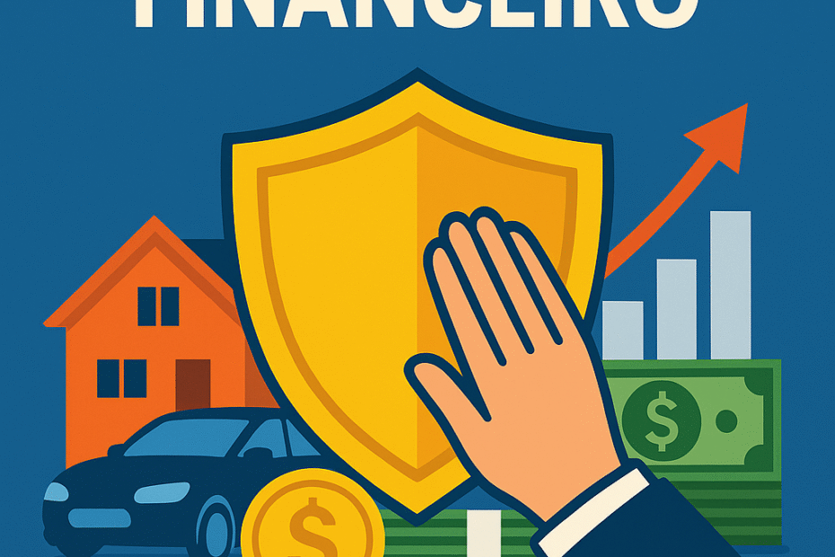 Imagem ilustrativa em estilo flat design sobre como proteger patrimônio financeiro, mostrando um escudo dourado sendo tocado por uma mão, simbolizando proteção. Ao fundo, aparecem uma casa, carro, moedas, notas de dinheiro e um gráfico de crescimento, representando bens financeiros protegidos.