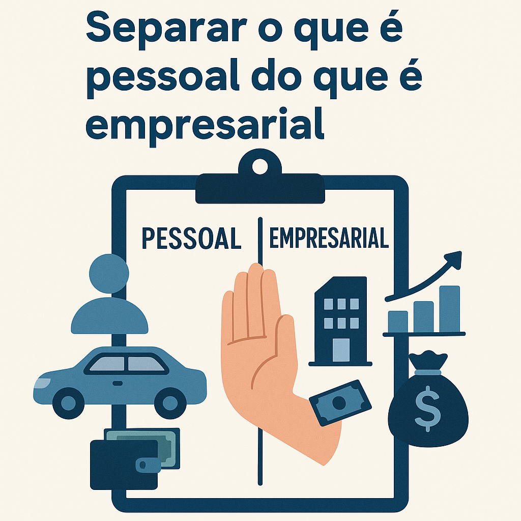 Imagem ilustrativa em estilo flat representando a importância de proteger patrimônio financeiro ao separar o que é pessoal do que é empresarial. A ilustração mostra uma prancheta dividida ao meio com ícones de bens pessoais de um lado e bens empresariais do outro, com uma mão no centro indicando a separação clara entre as finanças.