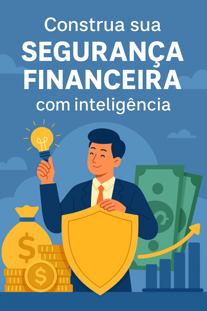 Ilustração em estilo flat de um homem de terno segurando um escudo dourado, simbolizando a importância de proteger patrimônio financeiro com inteligência. Ao redor, há elementos como moedas, gráfico de crescimento, notas de dinheiro e uma lâmpada acesa representando boas ideias