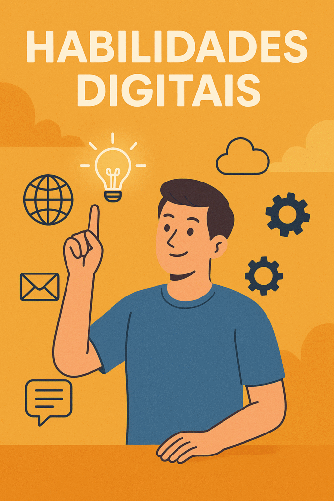 Ilustração colorida representando um jovem apontando para uma lâmpada acesa, rodeado por ícones digitais como engrenagens, nuvem, globo e mensagem, simbolizando o desenvolvimento de habilidades essenciais para ser um freelancer digital do zero.