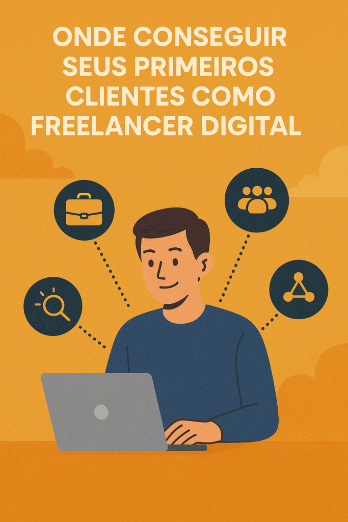 Imagem ilustrativa de um jovem usando notebook, cercado por ícones de oportunidades profissionais, simbolizando as principais estratégias para conseguir os primeiros clientes como freelancer digital do zero.