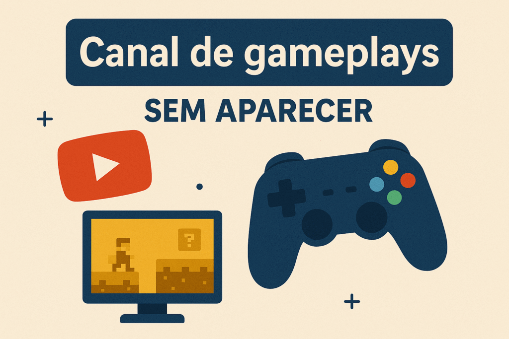 Ilustração de um canal de gameplays com controle de videogame, logo do YouTube e uma tela exibindo um jogo pixelado, representando conteúdos voltados para jogos digitais sem a necessidade de mostrar o rosto do criador.