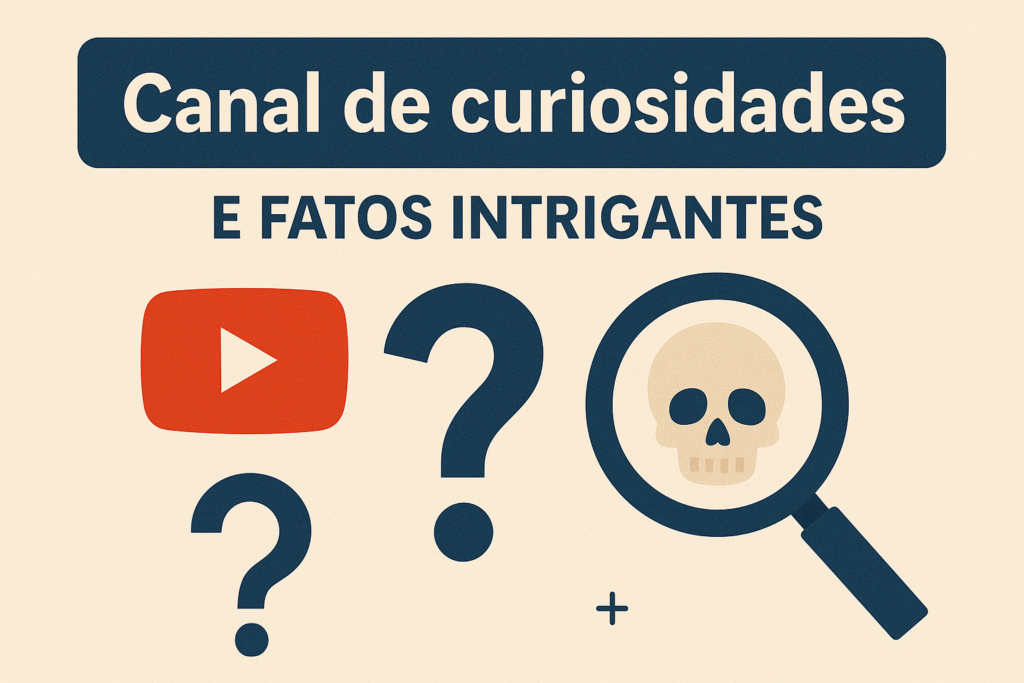 Imagem com a frase “Canal de curiosidades e fatos intrigantes”, mostrando o logo do YouTube, dois pontos de interrogação e uma lupa com uma caveira dentro, representando temas misteriosos e curiosos para um canal no YouTube sem aparecer.