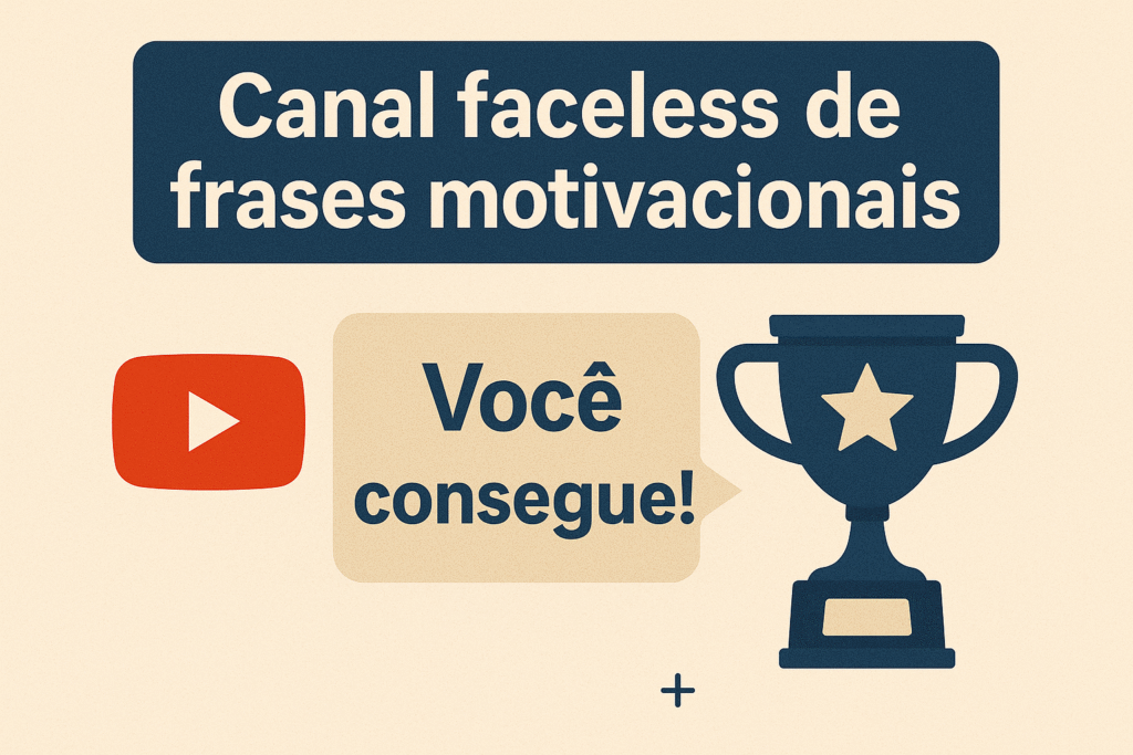 Imagem com a frase “Canal faceless de frases motivacionais”, contendo o logo do YT um balão de fala com a mensagem “Você consegue!” e um troféu, simbolizando um canal com conteúdo motivacional narrado de forma inspiradora.