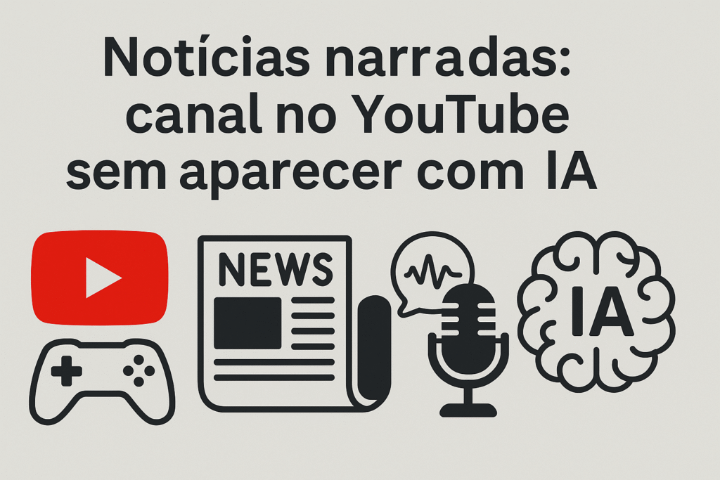 Imagem com a frase “Notícias narradas: canal no YouTube com IA”, acompanhada dos ícones do YouTube, jornal, microfone, balão de fala com ondas sonoras e um cérebro com as letras IA, representando um canal de notícias automatizado e narrado por inteligência artificial.