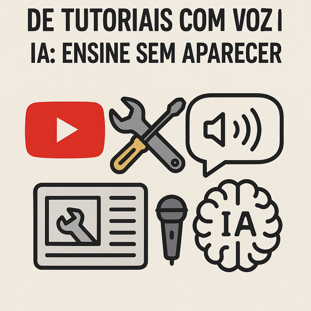 Imagem com a frase “De tutoriais com voz IA: ensine sem aparecer”, acompanhada dos ícones do YouTube, ferramentas cruzadas, balão de fala com símbolo de som, cérebro com “IA”, microfone e uma tela com tutorial, representando canais no YouTube que ensinam usando voz gerada por inteligência artificial sem mostrar o rosto.