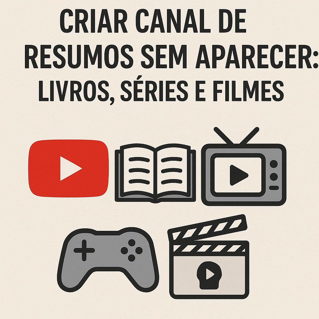 Imagem com ícones representando YouTube, um livro aberto, uma televisão com símbolo de play, um vídeo em exibição e uma claquete de cinema, sugerindo conteúdos resumidos sobre livros, séries e filmes sem exibir o rosto do criador.
