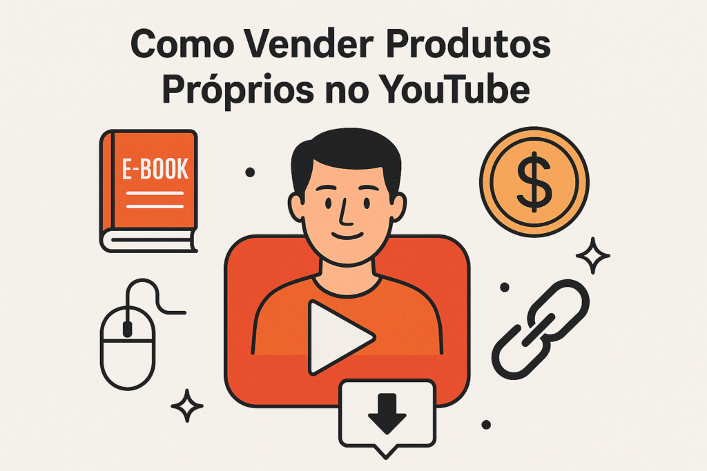 Ilustração mostrando como Monetizar no YouTube, com elementos visuais como pessoa no ícone do YouTube, e-book, link e símbolo de dinheiro, representando a venda de produtos próprios pela plataforma.