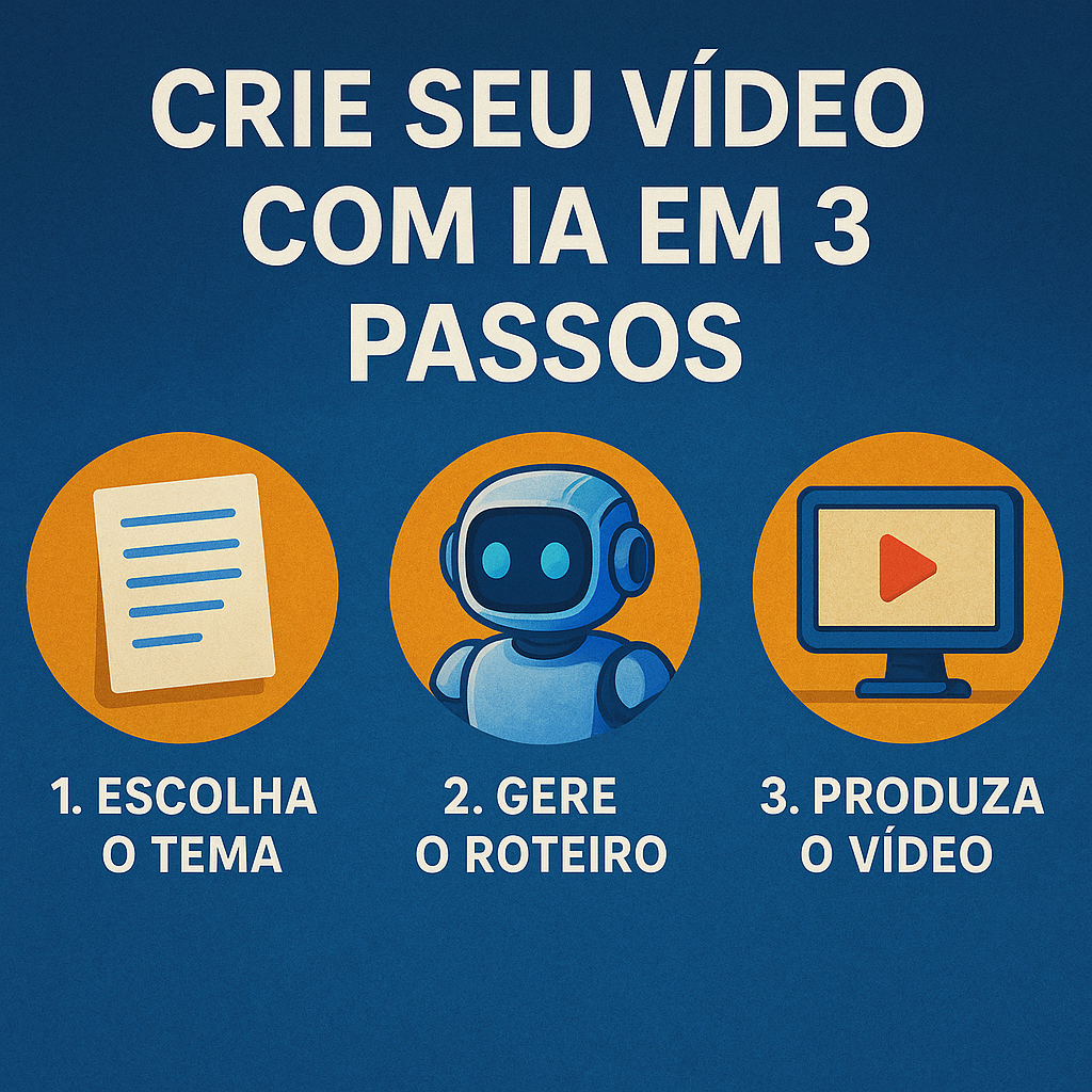 Infográfico ilustrado mostrando como usar IA para criar vídeos em 3 passos: escolher o tema, gerar o roteiro com inteligência artificial e produzir o vídeo.