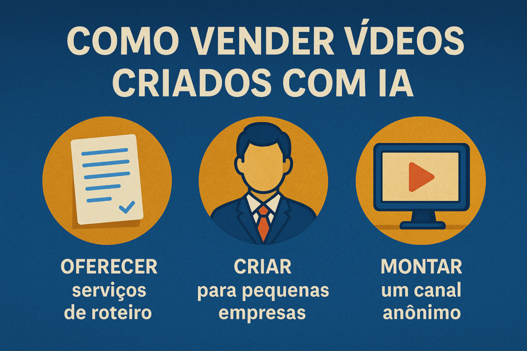 nfográfico ilustrando três formas práticas de ganhar dinheiro com IA para criar vídeos: oferecer serviços de roteiro, criar para empresas e montar canal anônimo.