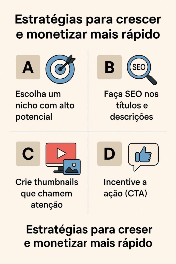 Infográfico com estratégias práticas para Monetizar no YouTube mais rápido, incluindo escolha de nicho, SEO nos títulos, thumbnails atrativas e CTAs eficientes.