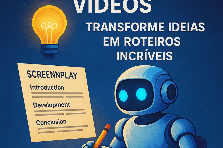 Ilustração de robô escrevendo roteiro com lápis em mesa iluminada por lâmpada, simbolizando o uso de IA para criar vídeos com criatividade e eficiência.