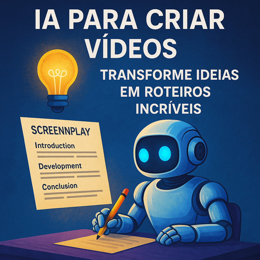 Ilustração de robô escrevendo roteiro com lápis em mesa iluminada por lâmpada, simbolizando o uso de IA para criar vídeos com criatividade e eficiência.
