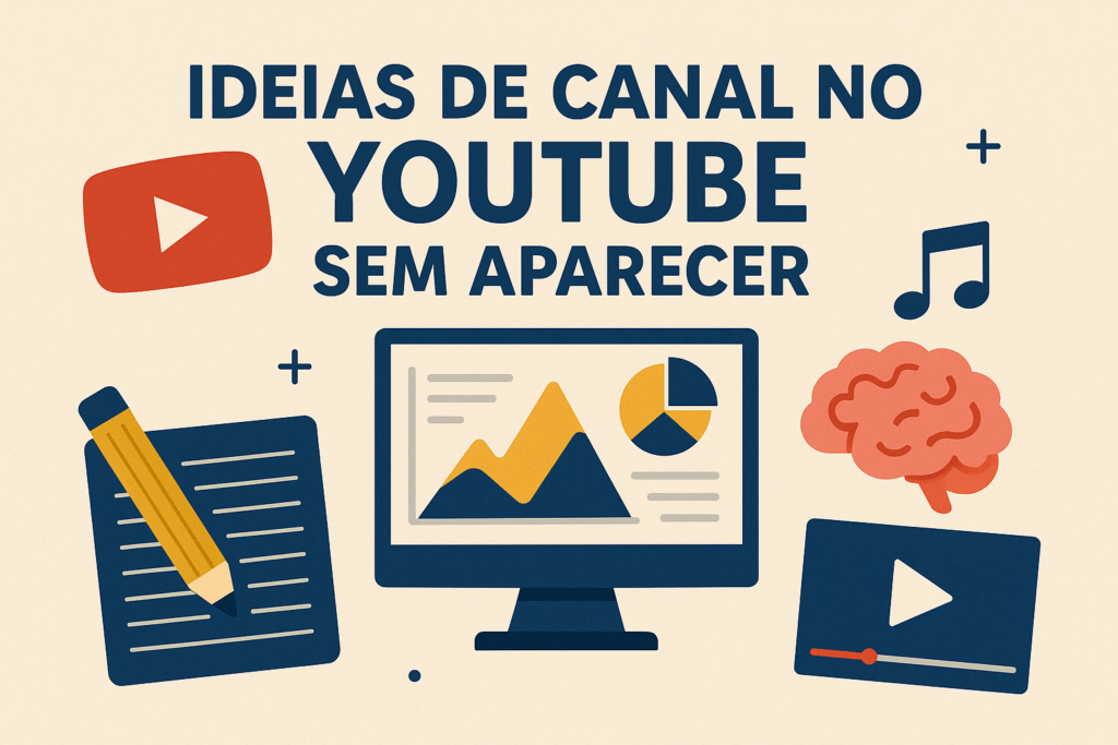 Imagem ilustrativa com o título “Ideias de canal no YouTube sem aparecer”, mostrando ícones que representam diferentes tipos de conteúdo como escrita, gráficos, cérebro, música e vídeos, simbolizando ideias criativas para criar um canal sem mostrar o rosto.