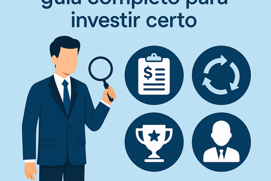 Ilustração de um executivo segurando uma lupa ao lado do título 'Raio-x corporativo: guia completo para investir certo', com ícones que representam análise financeira, fluxo de caixa, competitividade e gestão.