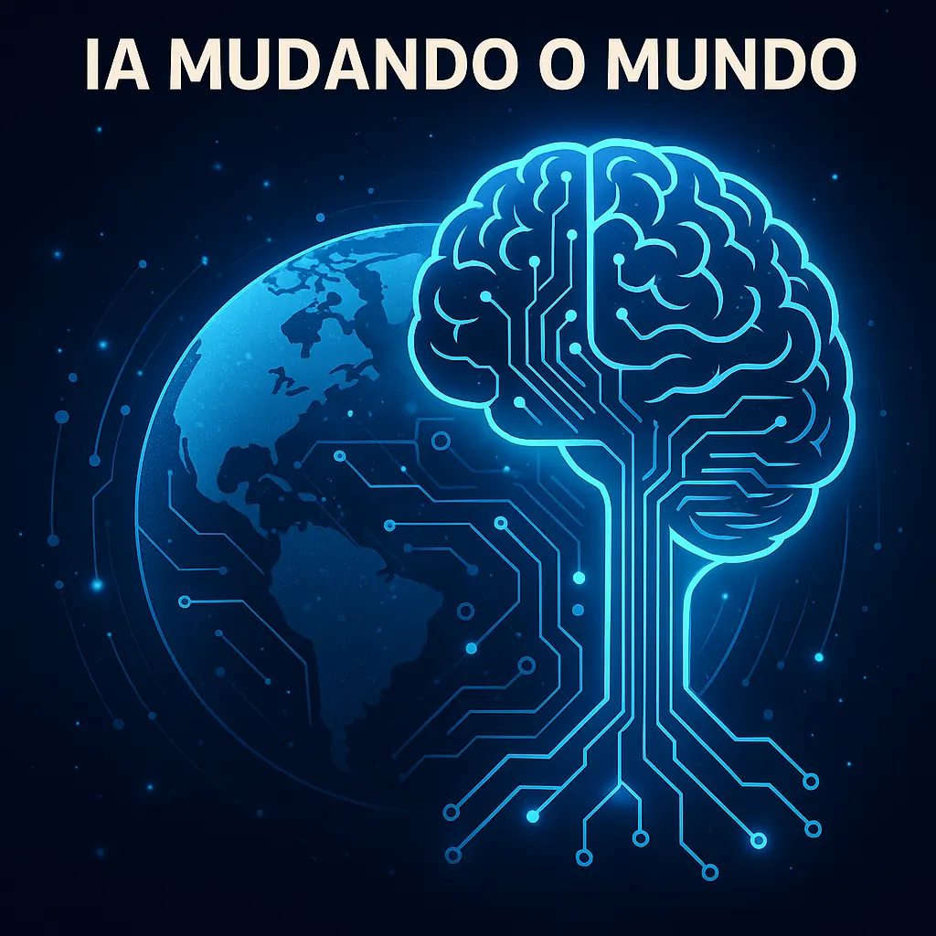 Ilustração vibrante representando como a IA está mudando o mundo no marketing digital, com tecnologia impactando diversas áreas de forma inovadora.