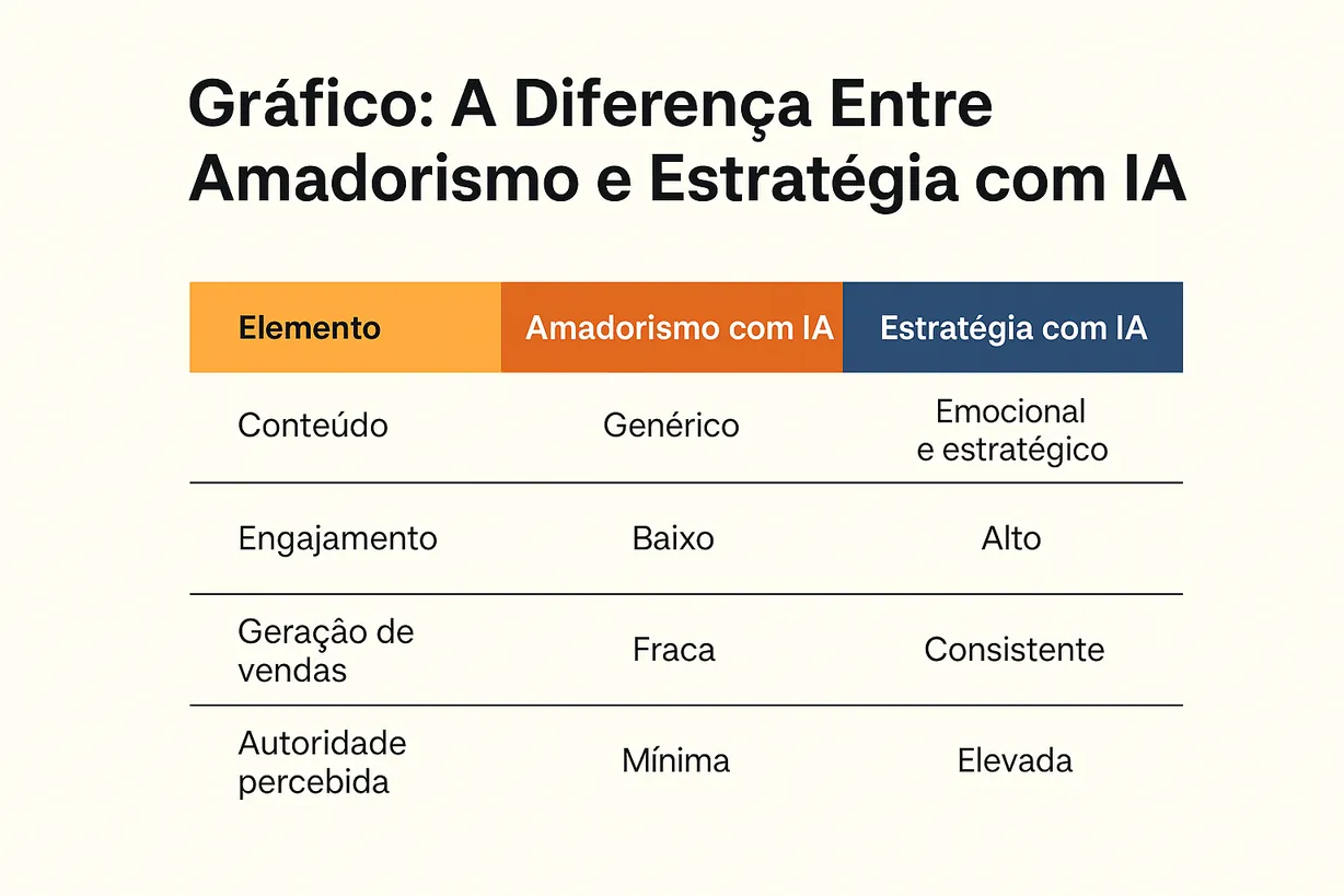 Tabela comparativa ilustrando a diferença entre amadorismo e estratégia ao usar IA no Marketing Digital, destacando impacto no conteúdo, engajamento e vendas.