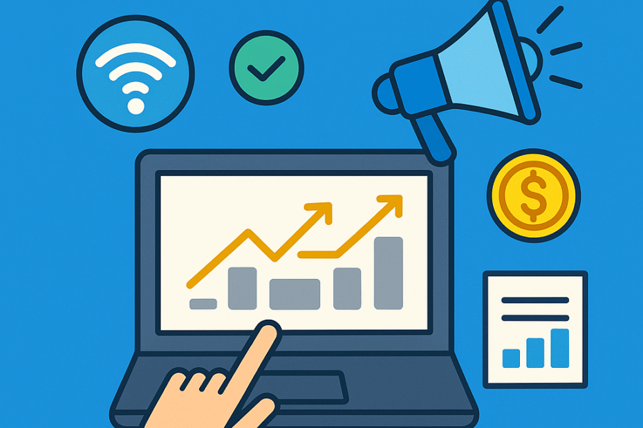 Ilustração representando uma estratégia digital sem gastar, com elementos visuais de marketing online como laptop, gráfico de crescimento, megafone e símbolos de conexão e dinheiro.
