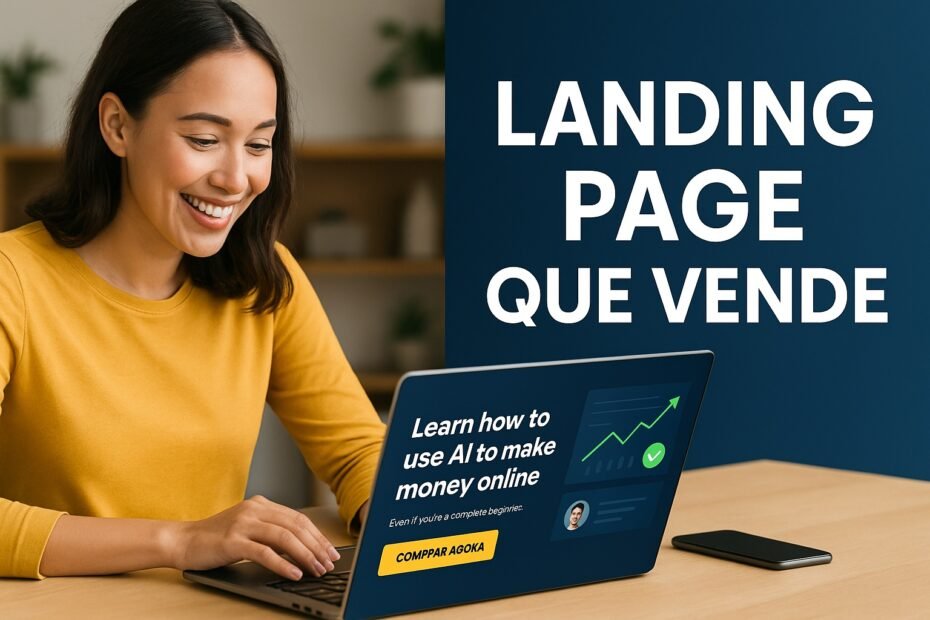 Mulher sorrindo ao criar uma Landing Page que vende no notebook, com gráfico de conversão e botão de compra visível na tela.